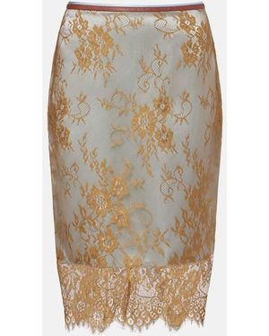 JACQUES WEI Embroidered Leather-Trimmed Lace Midi Skirt - Natural