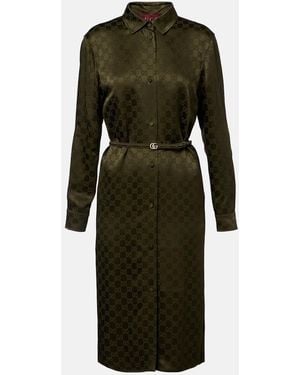 Gucci Gg Belted Satin Jacquard Shirt Dress - Green