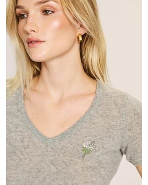 NAADAM Flowers Lightweight Cashmere Short Sleeve V-Neck Sweater - Gray