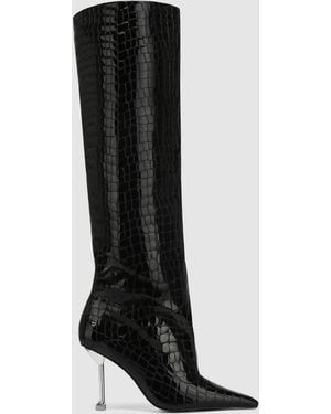Naked Wolfe Croc Patent Leather Pointed-Toe Knee Boots - Black