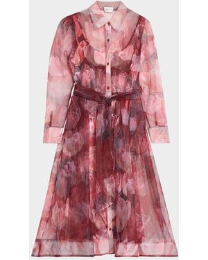 MILLY Suzie Floral Semi-Sheer Midi Shirtdress - Red