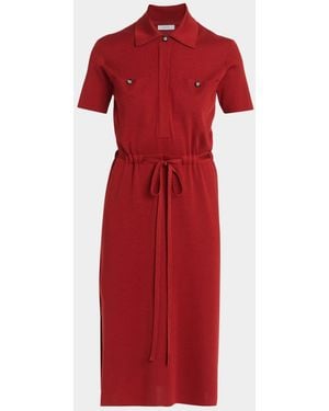 Ferragamo Short-Sleeve Silk Knit Drawstring Midi Polo Dress - Red