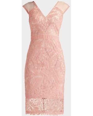 Tadashi Shoji Cap-Sleeve Botanical Corded Lace Dress - Pink