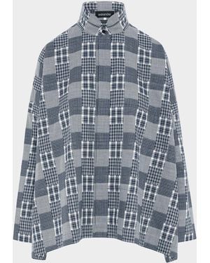 Eskandar Multi-Plaid Cotton Wide Longer Back Shirt Jacket - Blue