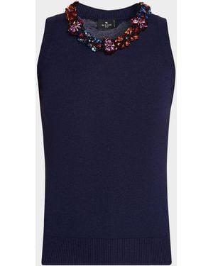 Etro Sequined Neck Silk-Cashmere Tank Top - Blue
