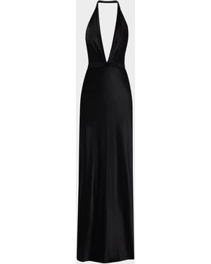 Nili Lotan Essy Plunging Halter Silk Gown - Black