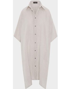 Eskandar Metallic Linen Wide A-Line Short-Sleeve Shirtdress With Collar - White