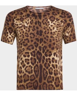 Neiman Marcus Cashmere Animal-Print Crewneck Top - Brown