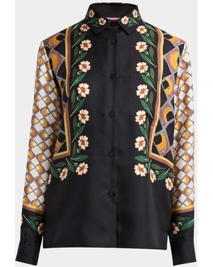 La DoubleJ Place-Print Silk Button-Down Boy Shirt - Black