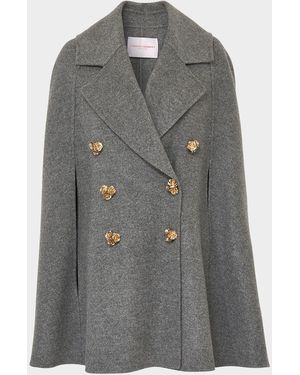 Carolina Herrera Flower-Button Double-Breasted Wool Cape - Gray