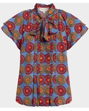 Maison Common Pleated Cotton Voile Short-Sleeve Blouse - Red