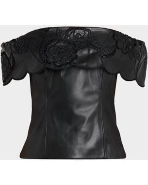 Toccin Mariana Embroidered Faux Leather Off-Shoulder Top - Black