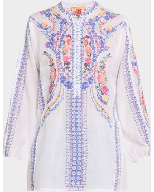 Johnny Was Bahari Embroidered Henley Tunic - White
