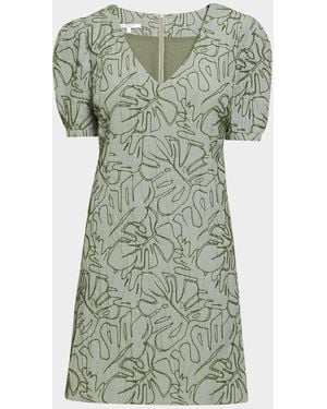 Santorelli Embroidered A-Line Cotton Cloque Dress - Green