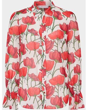 MILLY Lacey Peony Button-Front Blouse - Red