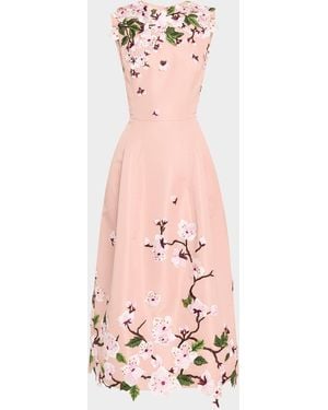 Oscar de la Renta Cherry Blossom Embroidered Faille Sleeveless Cocktail Dress - Pink