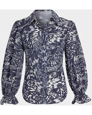 Ramy Brook Joy Blouson-Sleeve Butterfly Burnout Blouse - Blue