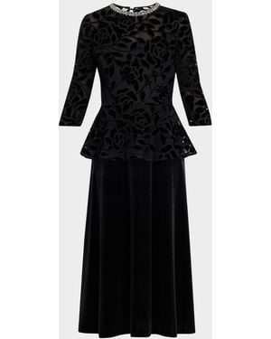Teri Jon Rhinestone-Trim Floral Velvet Crepe Midi Dress - Black