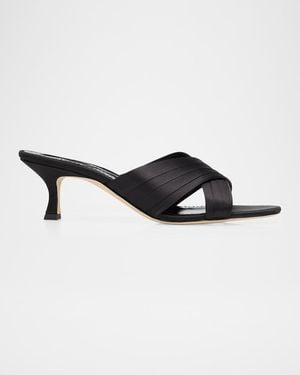 Manolo Blahnik 50Mm Vieramul Pleated Satin Kitten-Heel Mule Sandals - Black