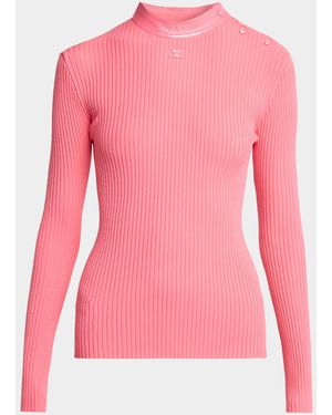Courreges Vinyl Collar Ribbed Button-Shoulder Long-Sleeve Top - Pink