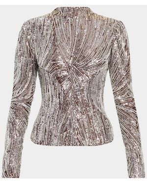 Rabanne Mock-Neck Embellished Satin Long-Sleeve Top - Multicolor