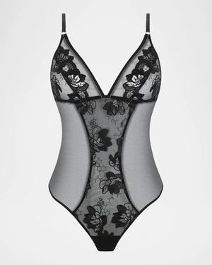 Lise Charmel Cuir Sexy Couture Embroidered Tulle Bodysuit - Gray