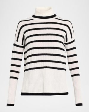 Neiman Marcus Cashmere Striped Rib Knit Turtleneck - White