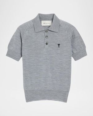 Ami Paris Ami De Coeur Short-Sleeve Wool Polo Top - Gray