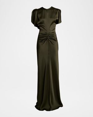 Victoria Beckham Gathered Waist Slit-Sleeve Satin Gown - Green