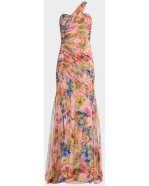 THEIA Macie Ruched Floral-Print Tulle Gown - White