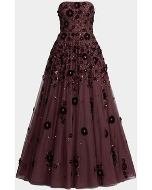 Mac Duggal Strapless Floral Beaded Mesh Gown - Purple