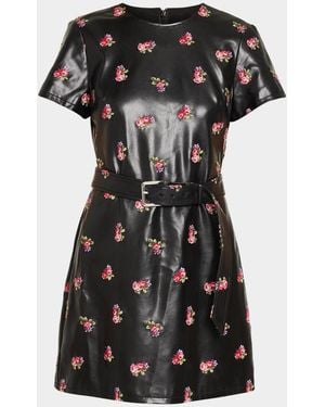 Cinq À Sept Tossed Roses Faux Leather Mini Dress - Black