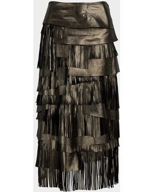Ralph Lauren Metallic Leather Tiered Fringe Midi Skirt - Black