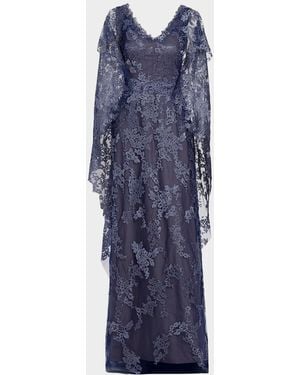 Rene Ruiz V-Neck Lace Cape Gown - Blue