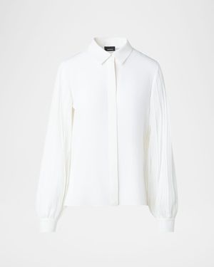 Akris Silk Crepe Pleated-Sleeve Blouse - White