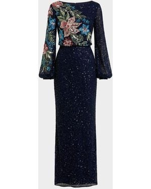 Mac Duggal Beaded Floral Sequin Column Gown - Blue