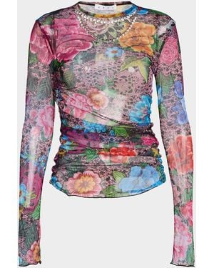 Area Crystal-Necklace Printed Tulle Long-Sleeve Top - Multicolor