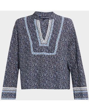 Veronica Beard Cyra Floral V-Neck Blouse - Blue