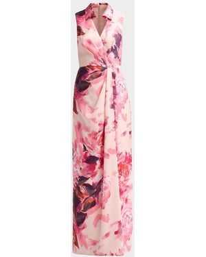 Aidan Mattox Floral Sateen A-Line Maxi Dress - Pink