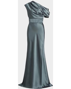 Amsale Satin One-Shoulder Gown - Blue