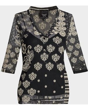 Johnny Was Wilma Floral-Embroidered Mesh Top - Black