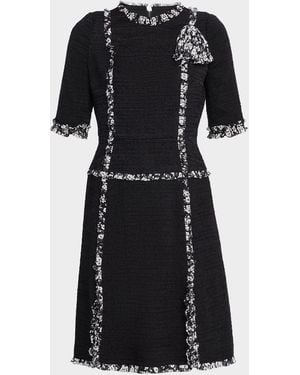 Teri Jon Ruffle-Trim Tweed Dress - Black