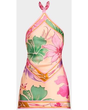 retroféte Adelaide Floral Silk Knotted Halter Overlay Mini Dress - Green