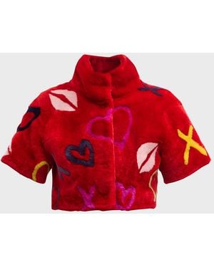 Gorski Xo Short-Sleeve Crop Lamb Shearling Bolero - Red