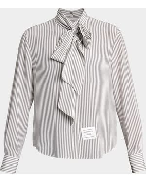 Thom Browne Striped Silk Neck-Scarf Button-Down Blouse - White