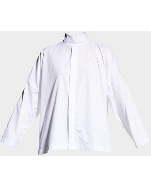 Eskandar Wide Longer-Back Double Stand Collar Shirt (Mid Plus Length) - White