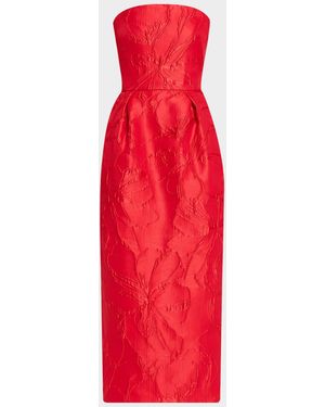 Monique Lhuillier Strapless Rose Jacquard Midi Dress - Red