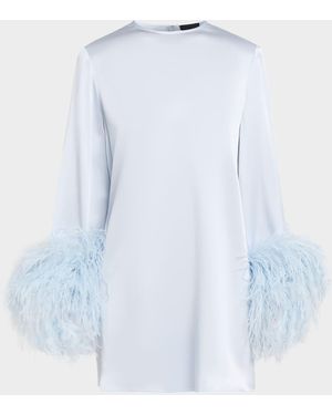 LAPOINTE Long-Sleeve Feather-Trim Satin Mini Shift Dress - Blue