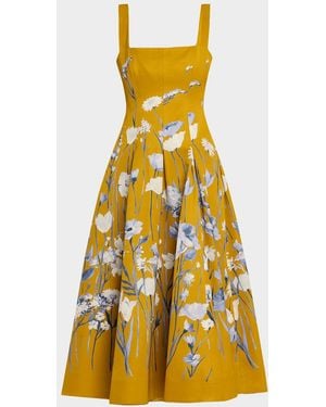 Lela Rose Floral Faille Sleeveless Fit-&-Flare Gown - Yellow