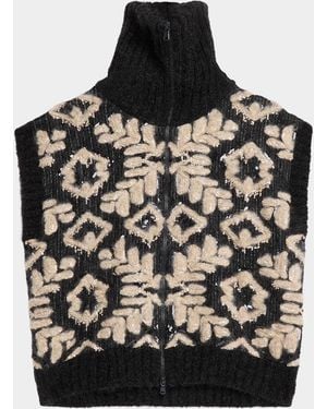 Brunello Cucinelli Alpine Embroidered Mohair Diamante Knit Zip Vest - Black